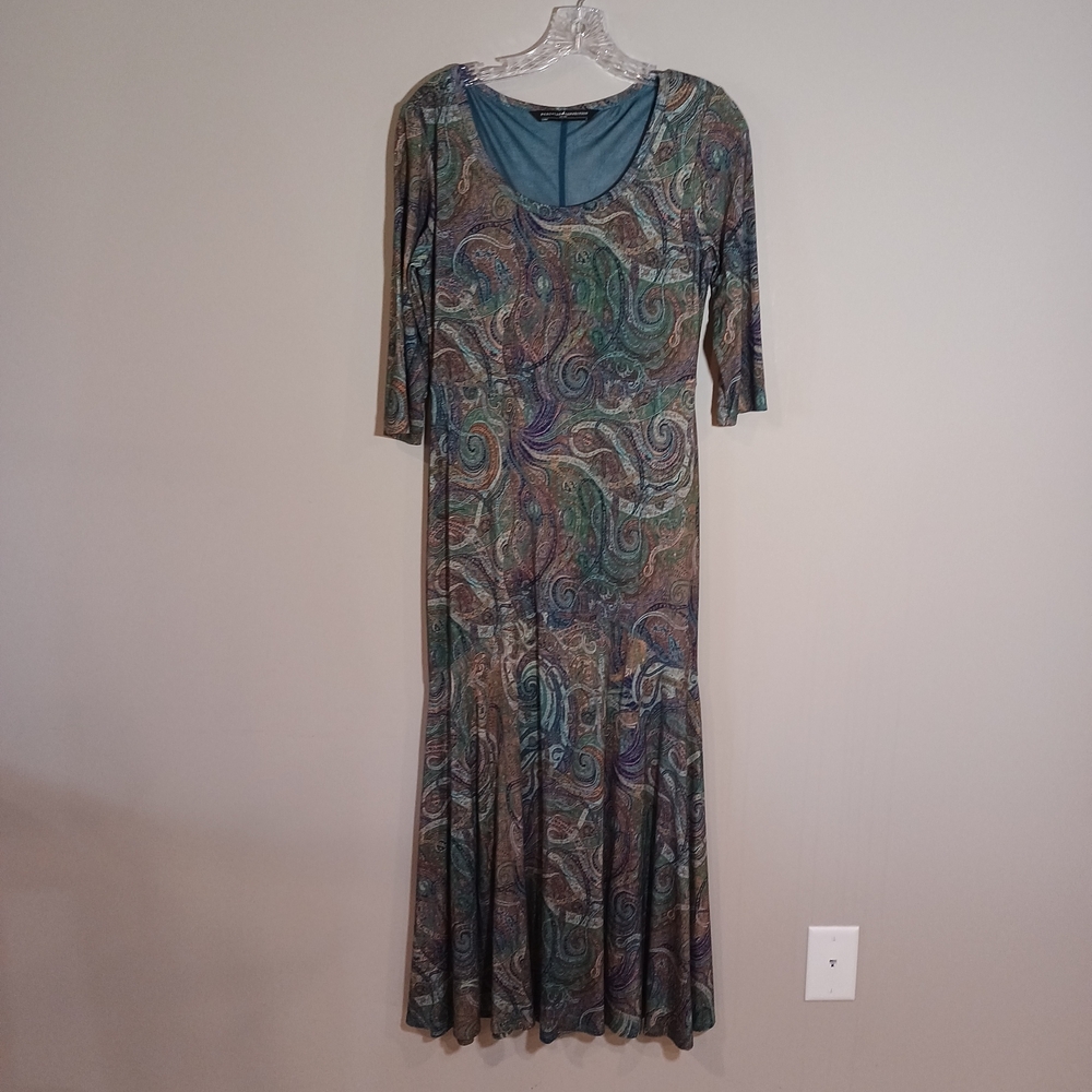 Peruvian connection Paisley Print Drapy Jersey Dress Size S Jade Taupe